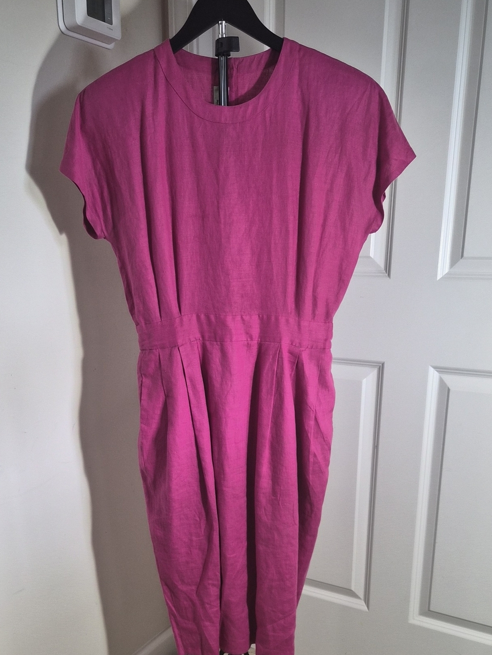 Michelle Stuart 100% Linen Magenta Crewneck Cap-Sleeve Midi Dress 12